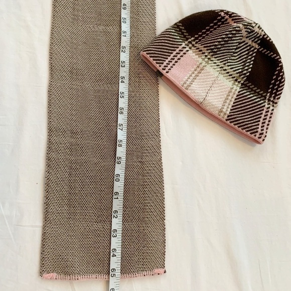 The North Face knitted beanie scarf One size Big girls plaid design pink & tan - Picture 5 of 15